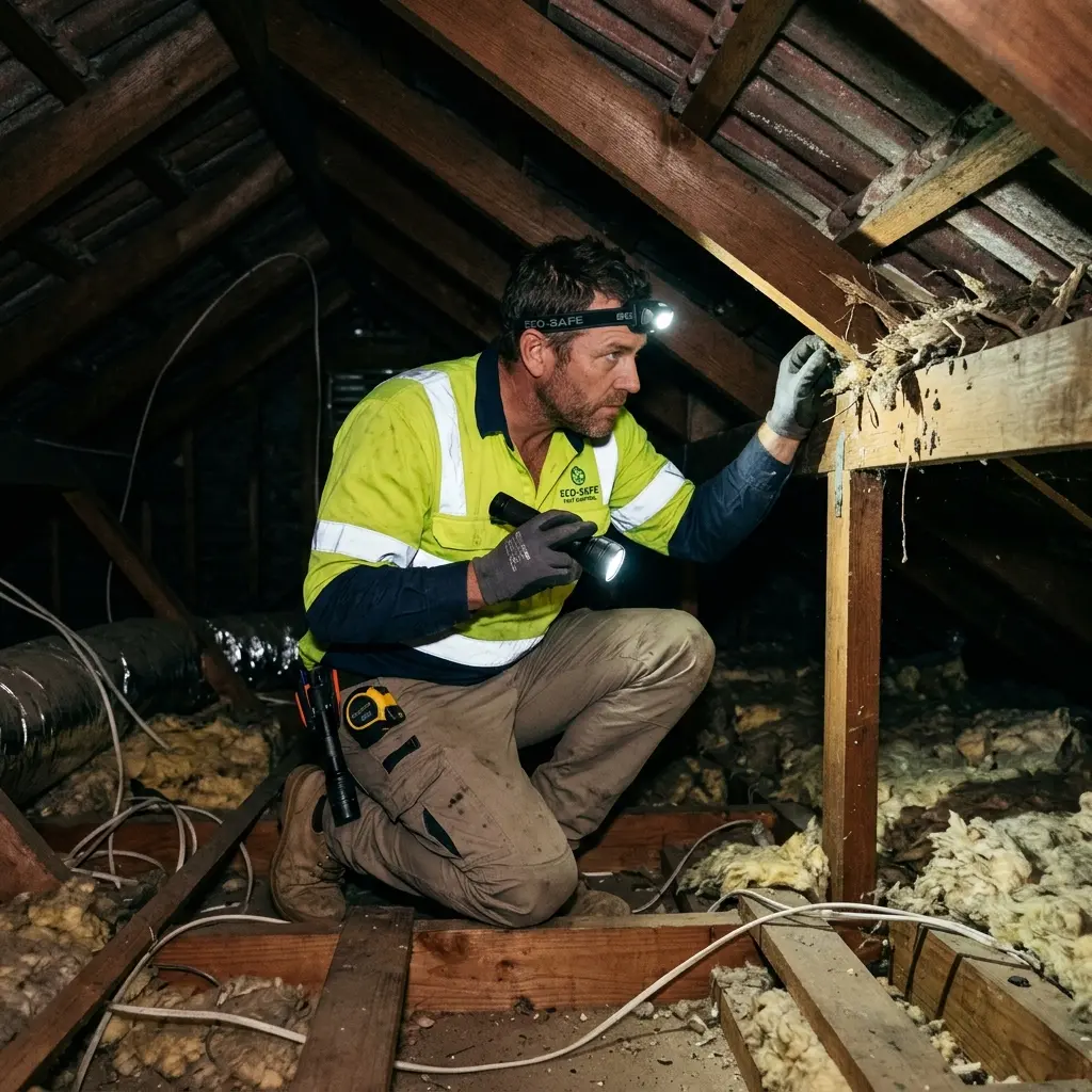 Technician inspecting a roof cavity for a dead animal in Kalorama