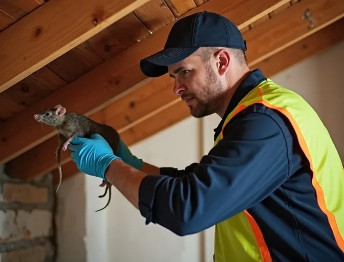 Technician inspecting a roof cavity for a dead rat in Kalorama